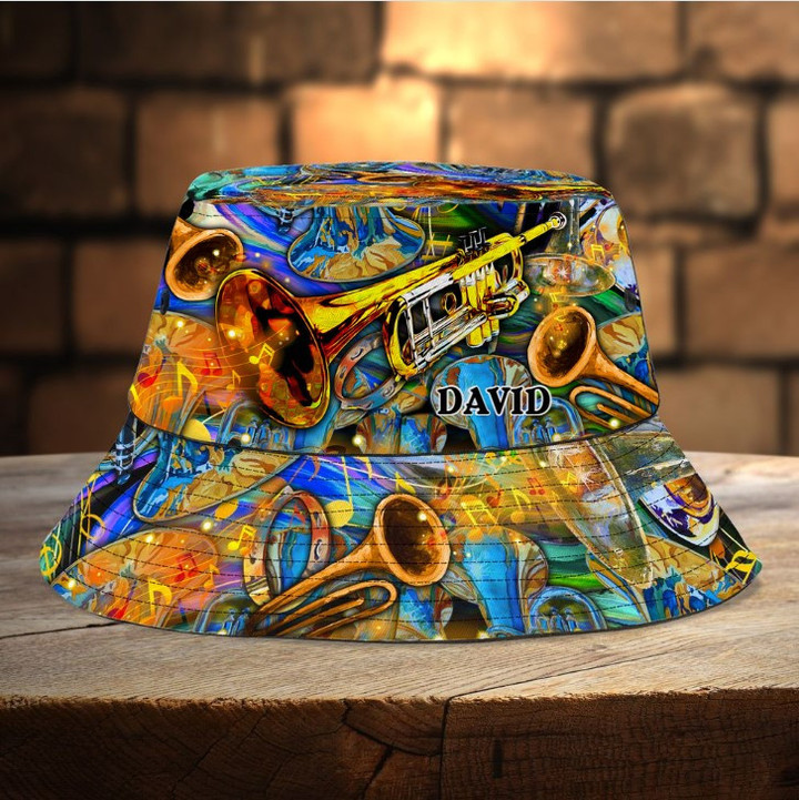 Personalized Colorful Trumpet Bucket Hat for Men, Women, Custom Name Trumpet Players hat for Husband, Dad