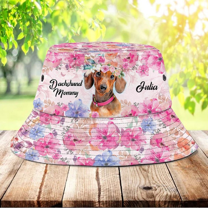 Customized Dachshund Dog Lovers Bucket Hat, Flowers Dachshund Hat for Dog Mom