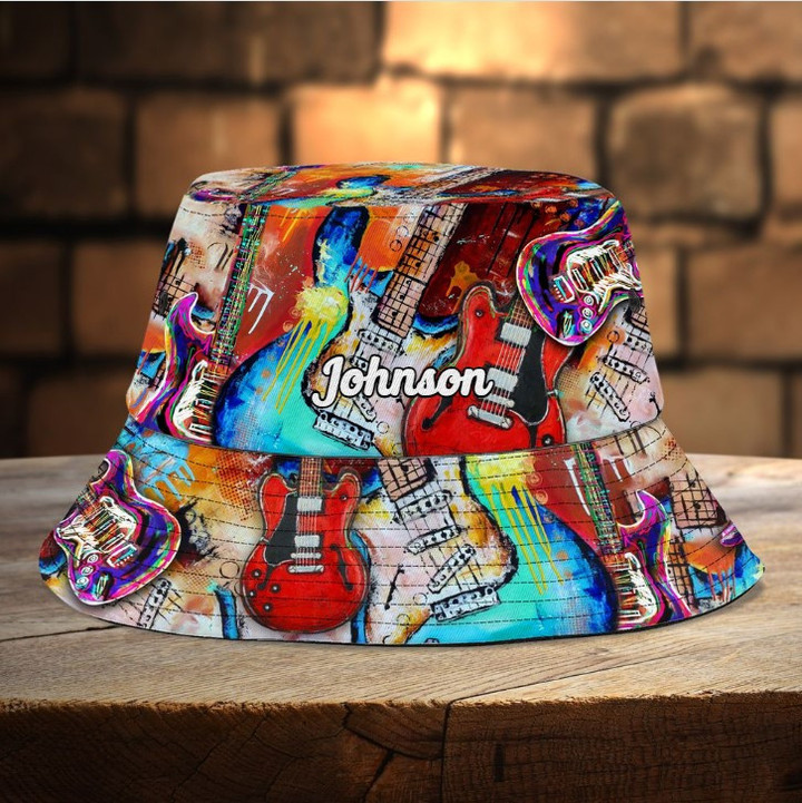 Customized Colorful Guitar Bucket Hat for Men, Boyfriend, Custom Name Guitar Players Hats