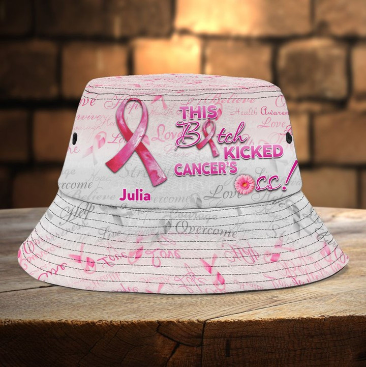 Funny Breast Cancer Awareness Bucket Hat for Women, Girl, This bitch kicked Cancer Hat