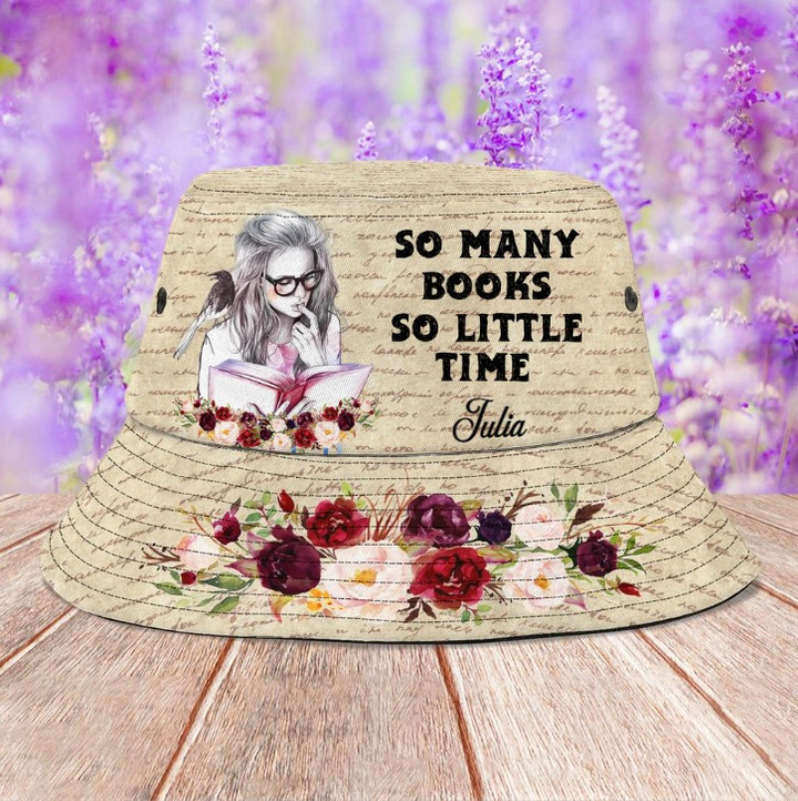 Personalized Floral Book Lovers Bucket Hat for Girl, Women, So Many Books So Little Time Library Hats