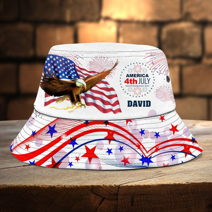 Eagle Firework 4th of July Bucket Hat for Men, Women, Custom Name American Independence Day Hat