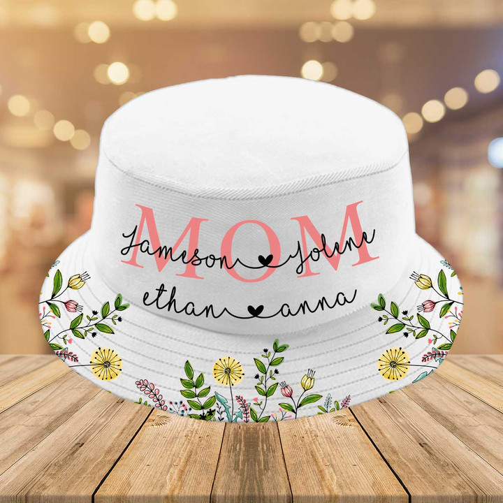 Personalized Mom Grandma Bucket Hat, Gift for Mother's Day, Mimi, Nana Wildflowers Bucket Hat for Her