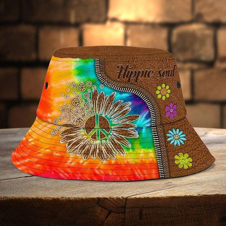 Tie Dye Colorful Printed Leather Zipper Hippie Soul Bucket Hat Daisy Floral Hippie Bucket