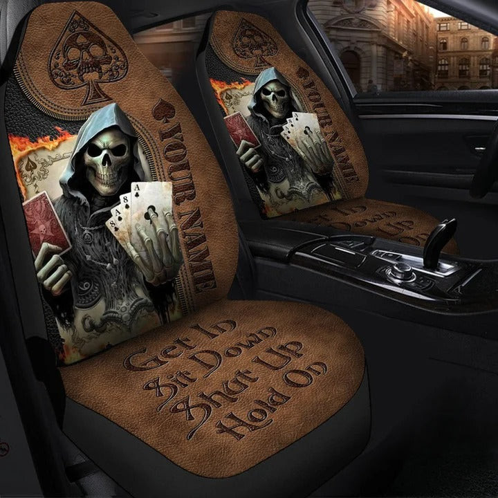 Personalized Name Skull Poker Car Seat Covers Get In Sit Down Skull Auto Seat Cover