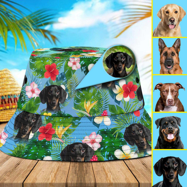 Custom Dog Photo Floral Tropical Bucket Hat for Dog Mom, Dog Dad, Men, Women, Custom Image Dog