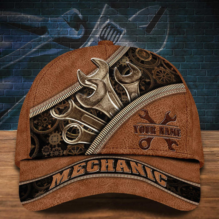Personalized Wrench Mechanic Hats for Me, Husband, Leather Pattern Mechanic Vintage Cap for Dad