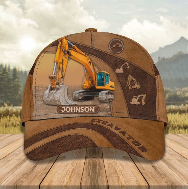 Customized Excavator Heavy Equipment Hat for Men, Excavator 3D Leather Pattern Cap for Dad, Husband Birthday