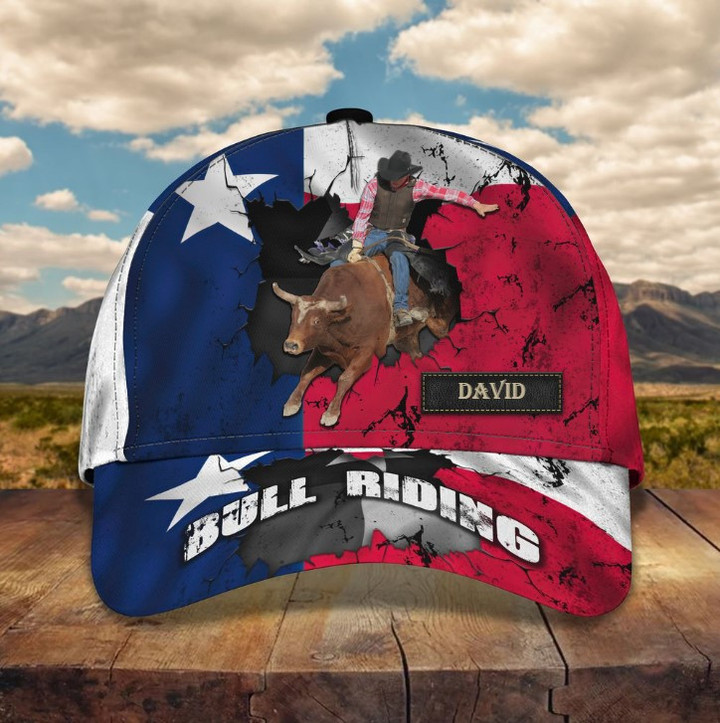 Personalized Texas Flag Bull Riding Hat for Men, Husband, Custom Name Bull Rider 3D Classic Cap