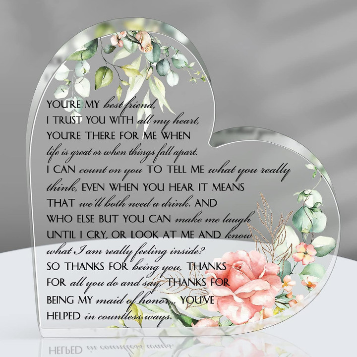 Bridesmaid & Maid of Honor Gifts - Acrylic Heart Sign with Flowers & Eucalyptus Leaves, Thank-You Gift for Wedding Party
