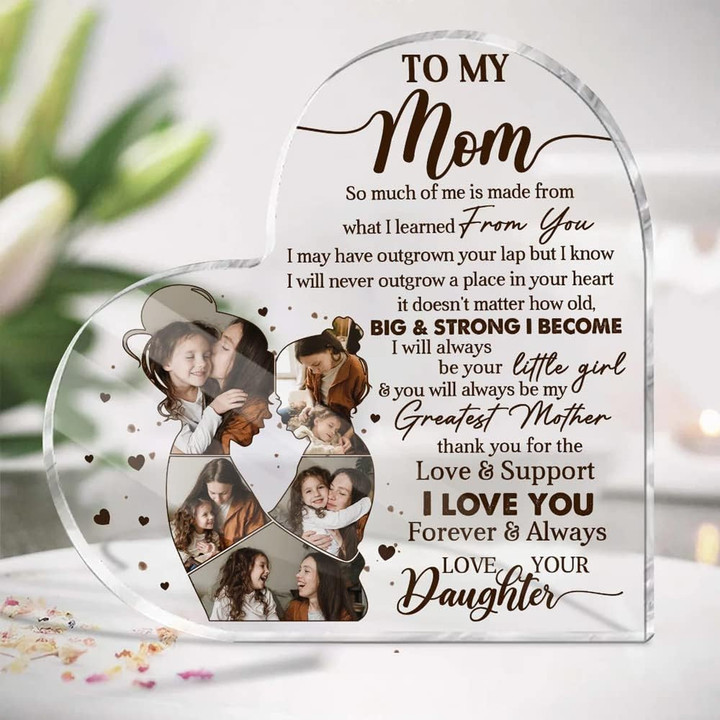 To My Mom - Personalized Heart Acrylic Plaque - Mother And Daughter Photo Collage In Silhouette, Mother's Day Gift Ideas