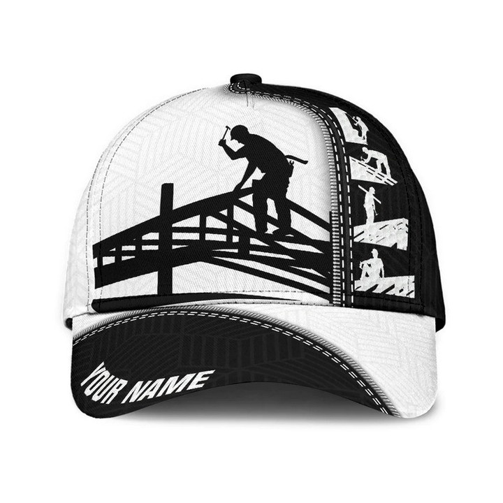 Personalized Black and White Roofer Classic Cap for Men, Custom Name Roofer Hat Job Pride Gift for Him