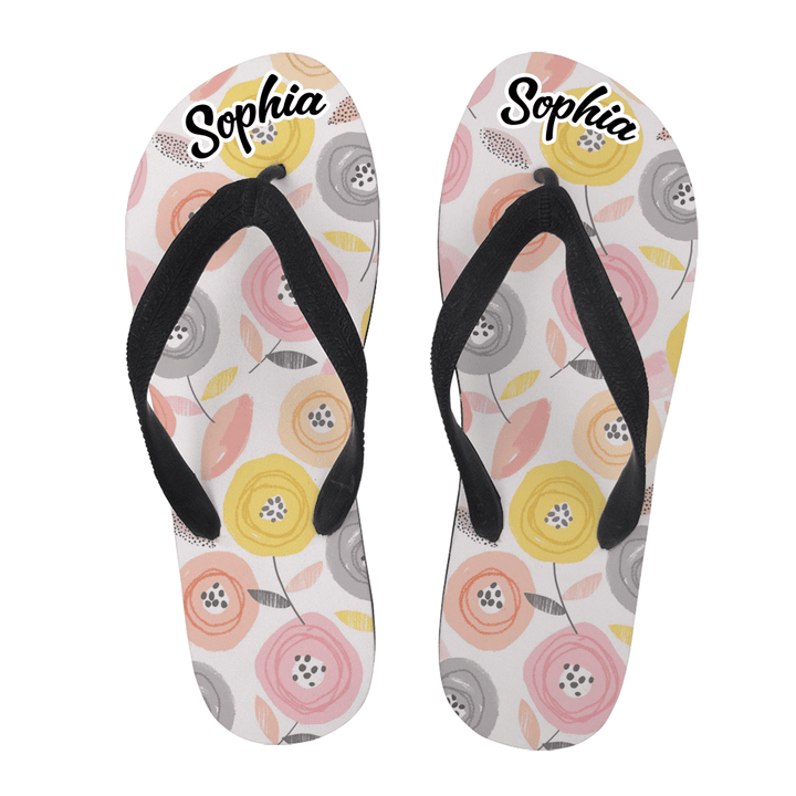 Personalized Flip Flops - Watercolor Flower and Leaves Pattern, Custom Name, Gift For Family, For Team, For Best Friend
