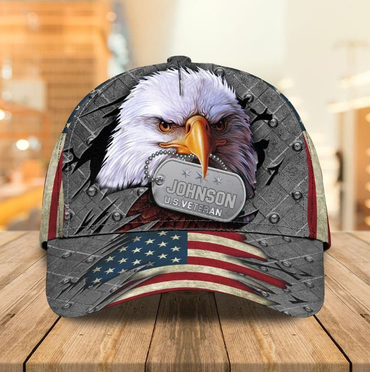 Personalized Eagle Dog Tag Veteran Classic Cap for Husband, Metal Pattern American Veteran Hat for Men, Dad