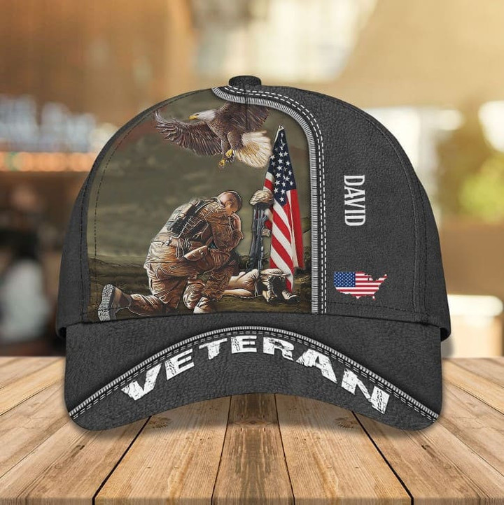 Personalized Soldier Eagle Battlefield Soldier Knees Under Flag Retro Cap for Husband, Dad, Veteran's Day Gift