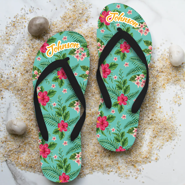 Personalized Flip Flops For Family, Watercolor Leaves Pattern, Flip-flops for the beach, Flip Flops For Summer