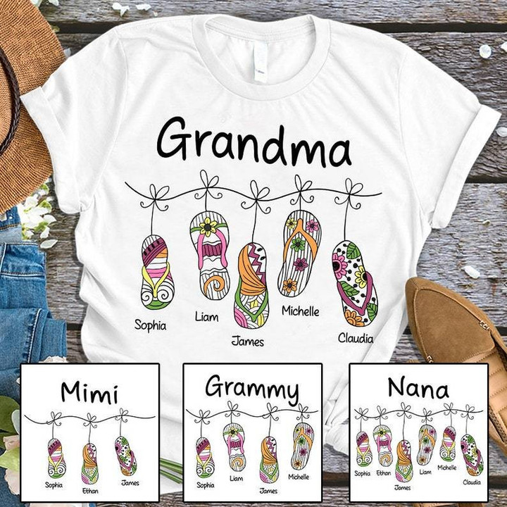 Personalized Flip Flops Grandma with Grandkid Names T Shirt, Nana Flip Flops Shirt