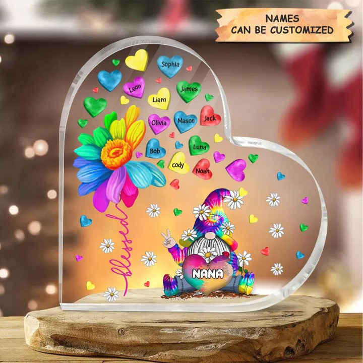 Personalized Heart Acrylic Plaque With Watercolor Flower For Grandma - Gnome Nana Sweet Hearts