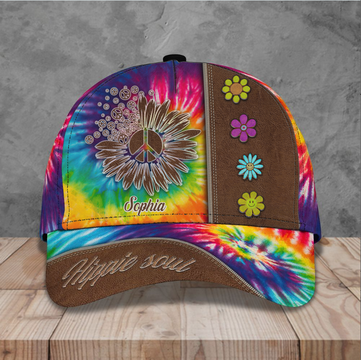 Hippie Cap, Personalized Hippie 3D Classic Cap for Men, Women, Custom Name Hat for Boy, Girl, Hippie Lovers