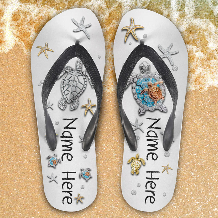 Personalized Sea Turtle Flip Flops Starfish Pattern, Summer Sandals For Animal Lovers, Flip Flops For Family