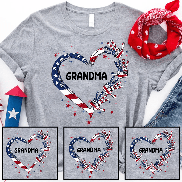 4th of July Personalized Grandma Hands Prints American Flag T Shirt, Independence Day Nana Shirt, Mimi Shirt