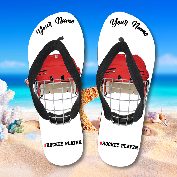 Personalized Helmet Ice Hockey Flip Flops - Summer Sandals for The Beach Team, Custom Member's Name Flip Flops