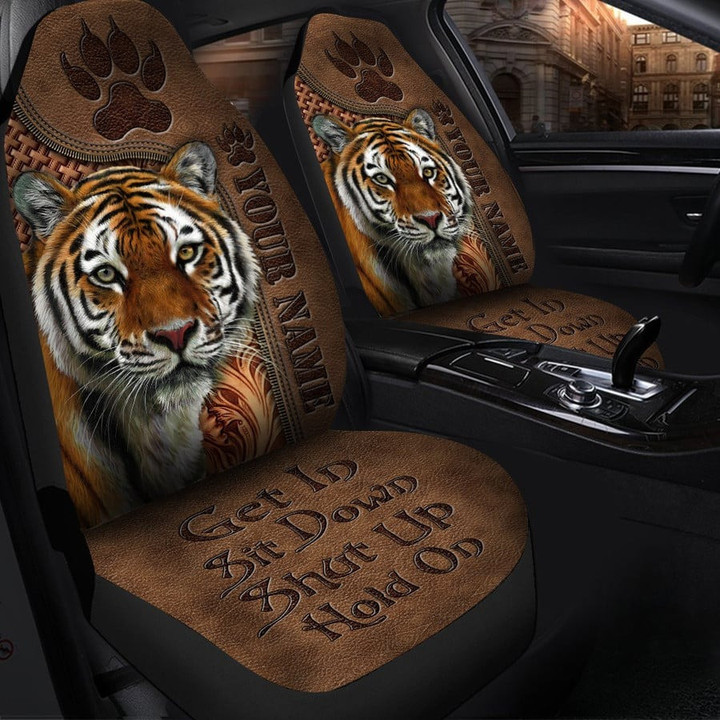 Personalized Funny Tiger Car Seat Cover Set 2 Leather Pattern, Custom Name Tiger Lovers Car Decor, Car Accessories