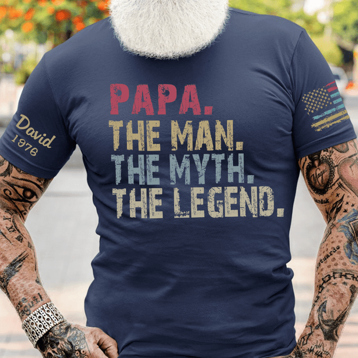 Personalized Papa The Man The Myth The Legend Father Shirt, Custom Grandpa Name Year on Sleeves