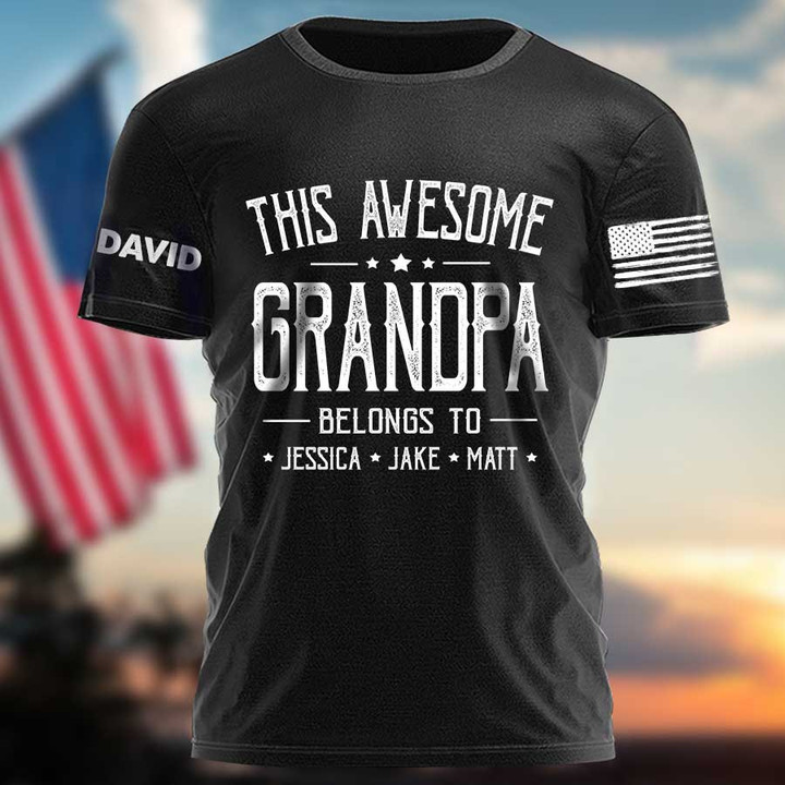 Personalized This Awesome Grandpa Belongs To Grandkids T Shirt, Custom Name Papa On Sleeves Father Shirt
