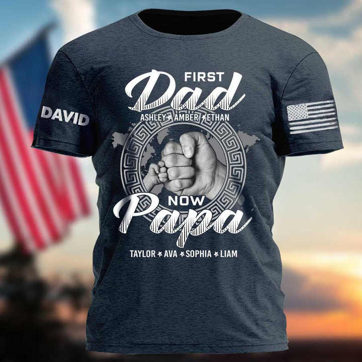 Personalized Fist Bump First Dad Now Grandpa T Shirt with Grandkid, Custom Papa Name On Sleeves T Shirt