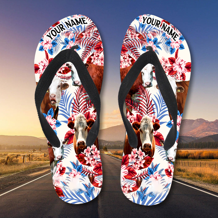 Hereford Cattle Lovers Flip Flops, Personalized Cow Flip Flops with Hawaiian Flowers Pattern, Custom Name For Farm Family