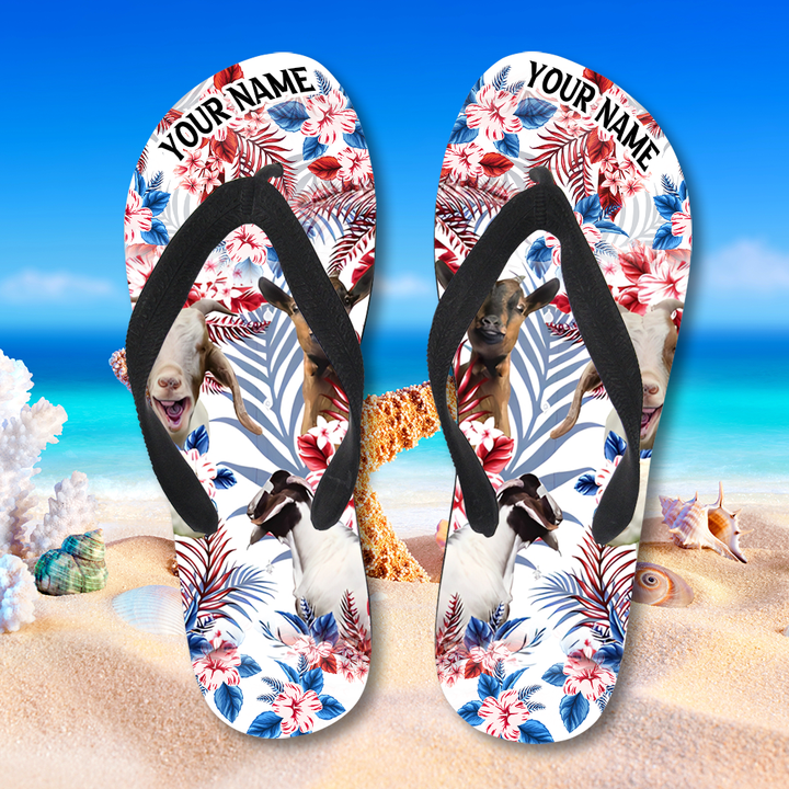United States Flag Hawaiian Theme For Goat Lovers Flip Flops, Personalized Summer Beach Flip Flops