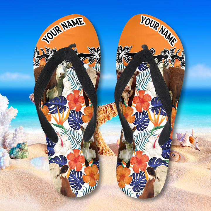Hereford Hibiscus Blue Floral Custom Name Hawaiian Flip Flops, Personalized Summer Beach Flip Flops For Farm Family