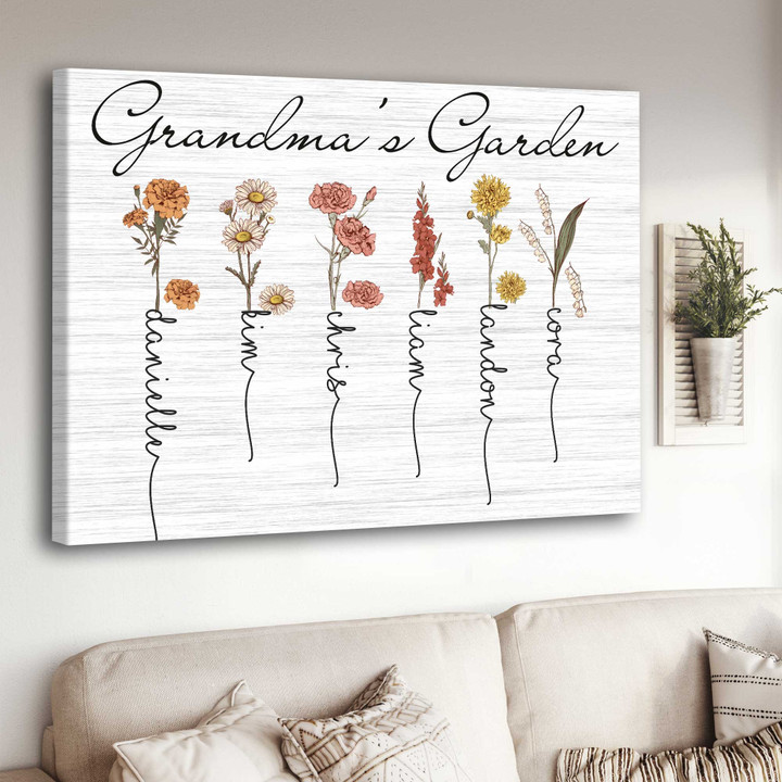 Personalized Grandma's Garden Canvas Prints, Custom Grandma Birth Flower Kids Names Nana Wall Art, Mimi Canvas