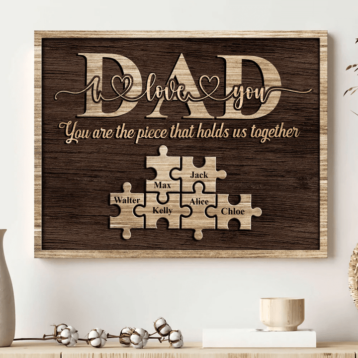 Customized Puzzle Dad Vintage Wooden Background with Daughter and Son Canvas Prints for Father's Day