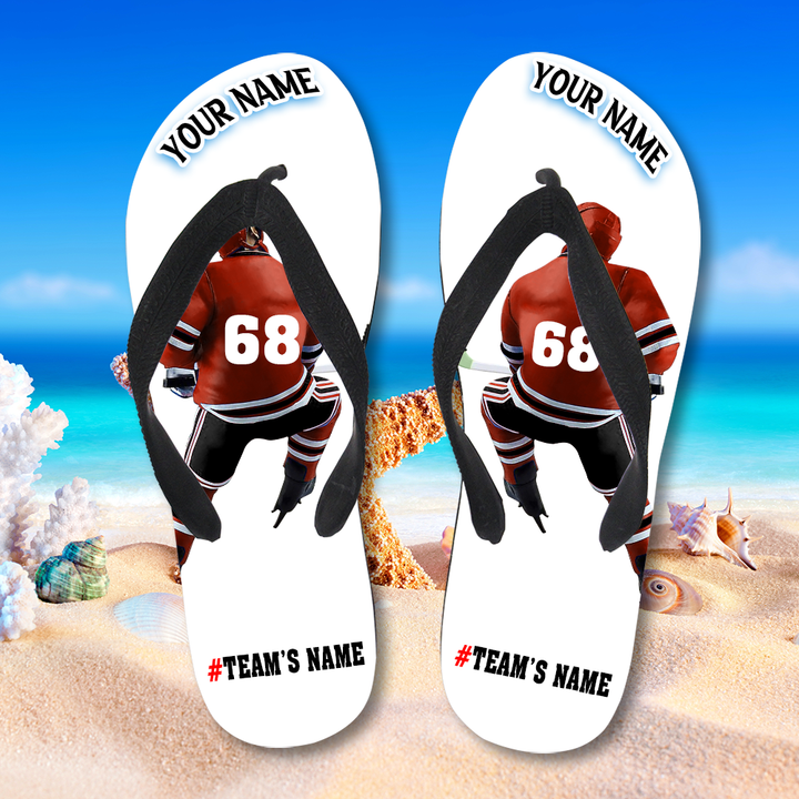 Personalized Ice Hockey Flip Flops - Summer Sandals for The Beach Team, Custom Members Names and Numbers