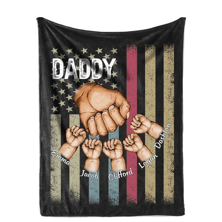 Personalized Fist Bump Dad Hand Flag With Kids Father's Day Throw Blanket, Papa Hand Flag with Kids Blanket