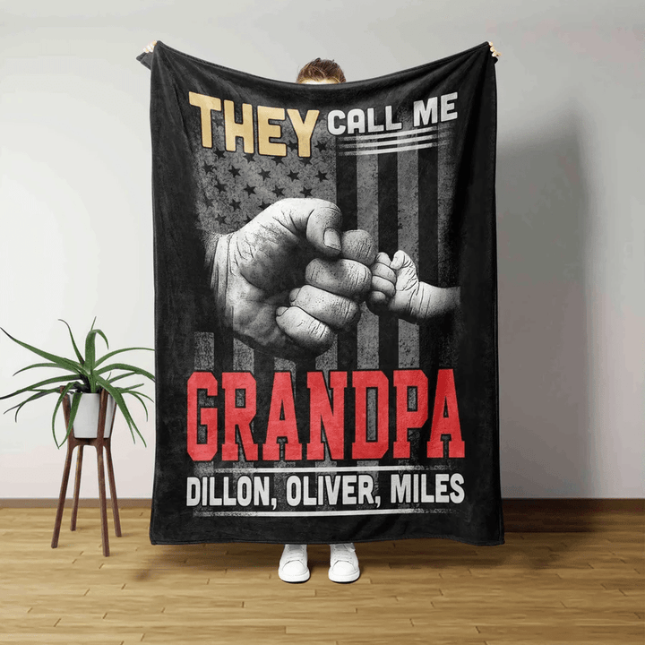 Funny They Call Me Grandpa Blanket with Grandkid Names, 4th of July American Flag Blanket for Papa