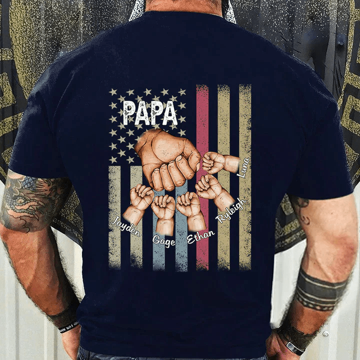 Back Printed Dad shirt, Papa shirt, Grandpa shirt, Personalized Papa Grandkids Hands Flag Shirt