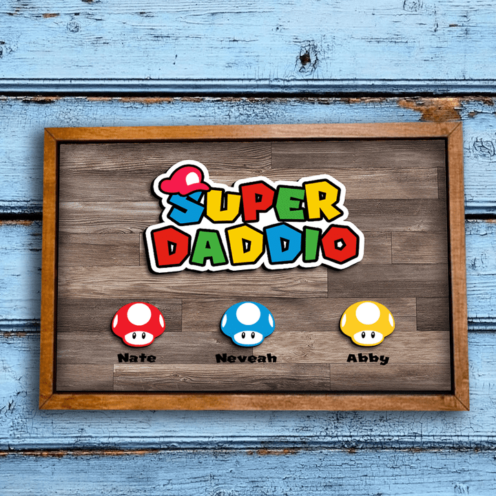 Personalized 2 Layers Wooden Sign Super Daddio Mariodaddy, Gift for Dad, Great Gift for Father's Day