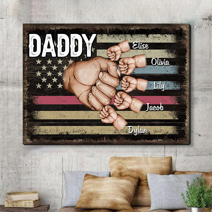 Personalized Daddy Hand American Flag Canvas Prints, Fist Bump Dad with Kid Names Wall Art for Him