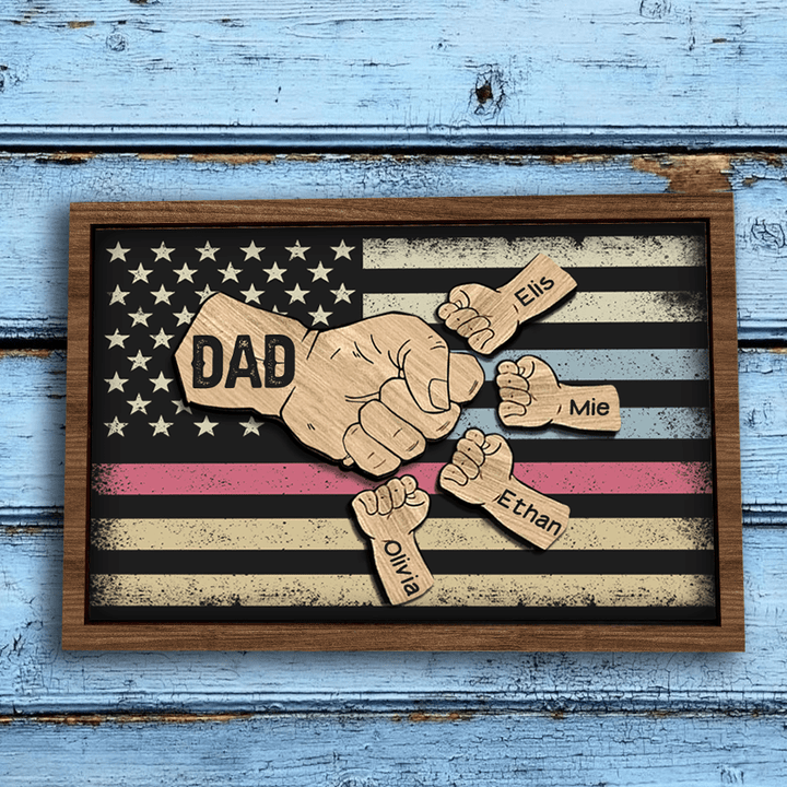 Personalized Daddy Hand American Flag 2 Layers Wooden Sign, Fist Bump Dad with Kid Names for Him, Great Gift for Father's Day