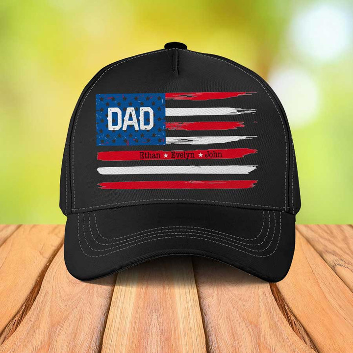 Customized 4th of July Dad Classic Cap, Dad with Kid Names Flag Hat for Father's Day Gift