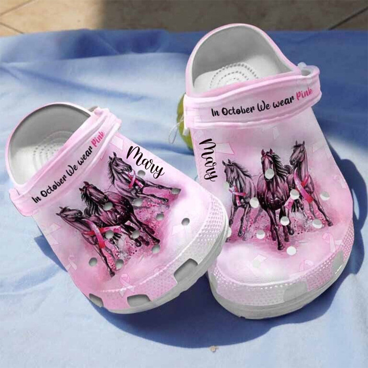 Personalized Horse Breast Cancer Awareness Crocs, Customs Name Clogs Shoes Footwear for Lovers, Women, Kids