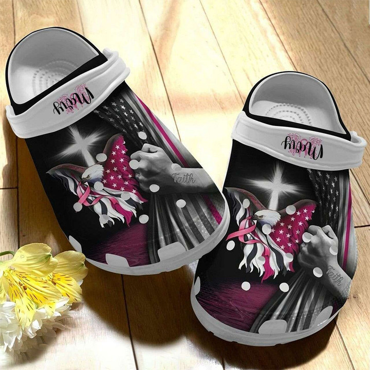 Personalized Breast Cancer Awareness Eagle Usa Flag Crocs, Customs Name Clogs Shoes Footwear for Lovers, Women, Kids