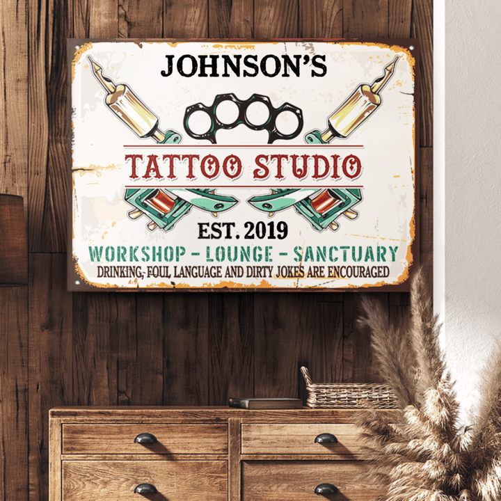 Personalized Tattoo Studio, Tattoo Workshop Vintage Metal Sign, Tattoo Sign for Tattoo Shop Owners