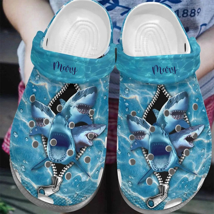 Personalized Shark Hunting Crocs, Customs Name Crocs Clogs Shoes for Men, Women, Kids, Shark Lovers