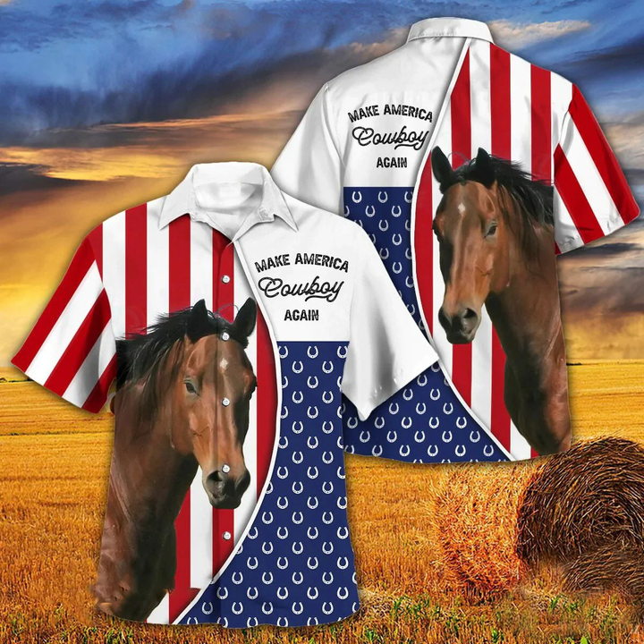 Independence Day Horse Make America Cowboy Again With American Flag Pattern Hawaii Hawaiian Shirt