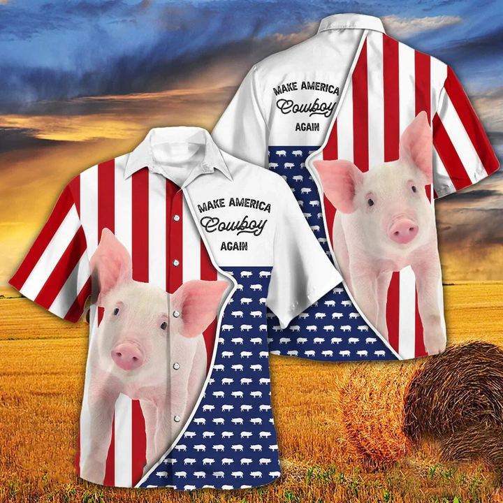 Independence Day Pig Make America Cowboy Again With American Flag Pattern Hawaii Hawaiian Shirt