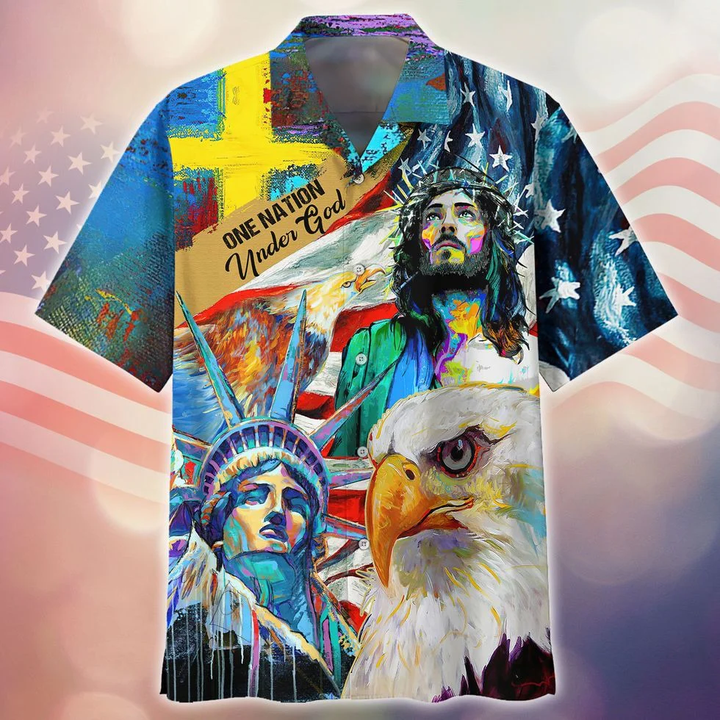 One Nation Under God 3D All Over Printed Hawaiian Shirt For Independence's Day, Patriotic Gift For Him